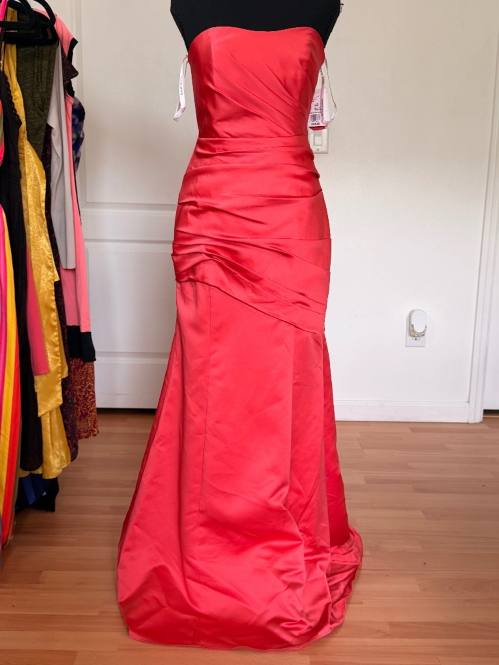 David’s Bridal Red Satin Ruched Strapless Mermaid Formal Gown